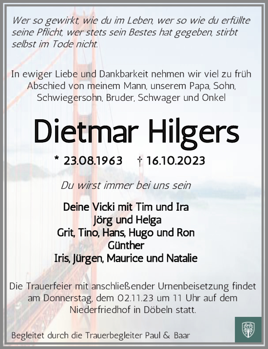 Traueranzeigen Von Dietmar Hilgers | Trauer-anzeigen.de