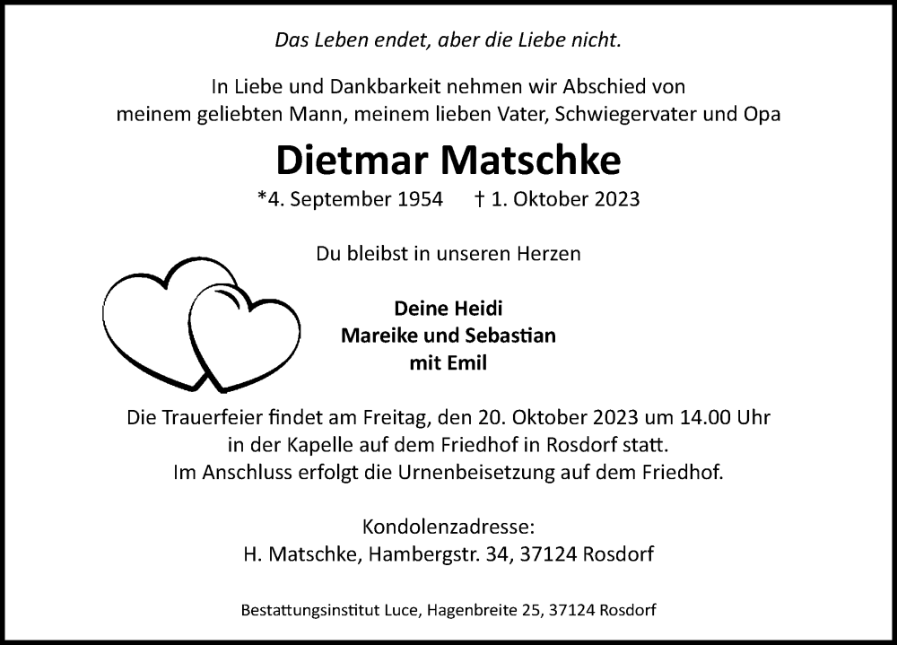  Traueranzeige für Dietmar Matschke vom 14.10.2023 aus Göttinger Tageblatt