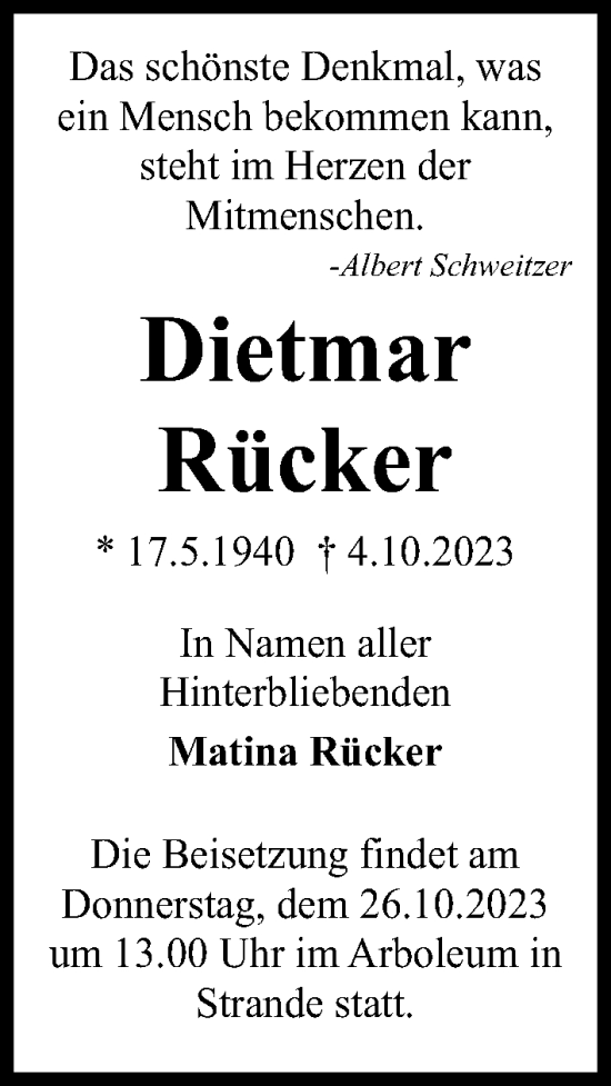 Traueranzeige von Dietmar Rücker von Kieler Nachrichten