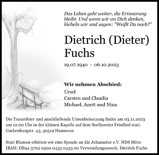 Traueranzeige von Dietrich Fuchs von Hannoversche Allgemeine Zeitung/Neue Presse