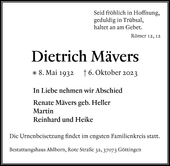 Traueranzeige von Dietrich Mävers von Göttinger Tageblatt