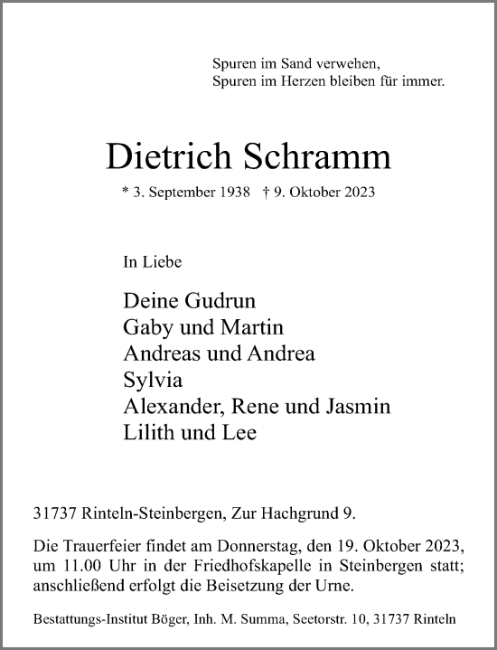 Traueranzeige von Dietrich Schramm von Schaumburger Nachrichten und Schaumburger Zeitung/ Landes-Zeitung