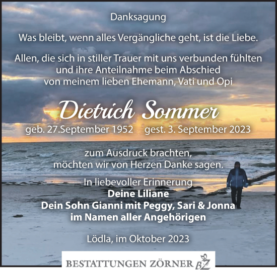 Traueranzeige von Dietrich Sommer von Leipziger Volkszeitung