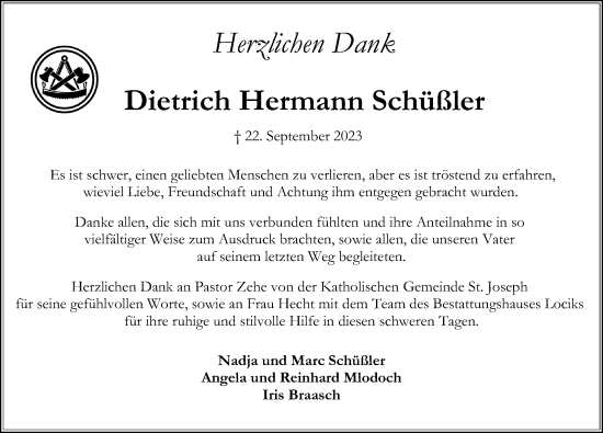 Traueranzeige von Dietrich Hermann Schüßler von Lübecker Nachrichten