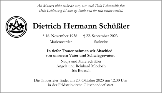 Traueranzeige von Dietrich Hermann Schüßler von Lübecker Nachrichten
