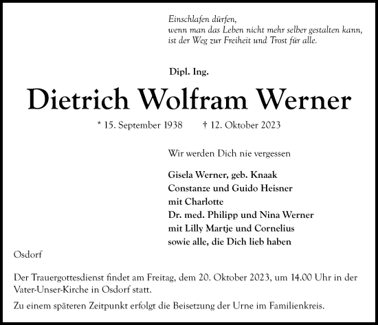 Traueranzeige von Dietrich Wolfram Werner von Kieler Nachrichten