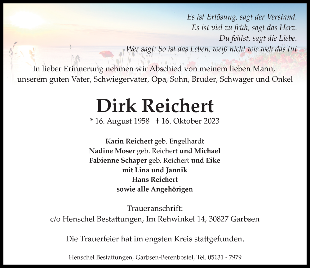  Traueranzeige für Dirk Reichert vom 28.10.2023 aus Hannoversche Allgemeine Zeitung/Neue Presse