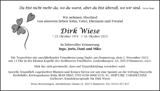Traueranzeige von Dirk Wiese von Hannoversche Allgemeine Zeitung/Neue Presse