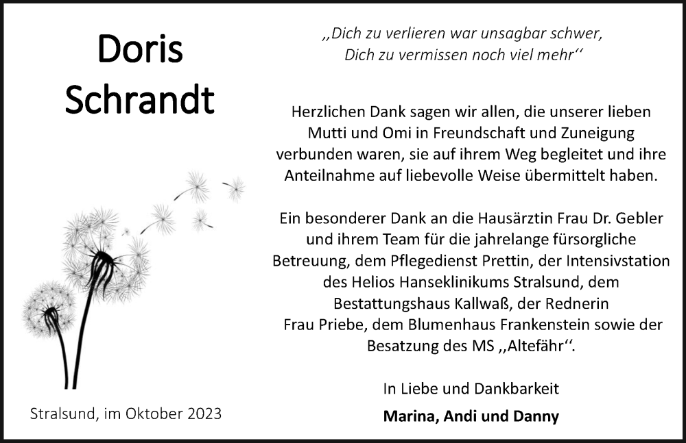  Traueranzeige für Doris Schrandt vom 07.10.2023 aus Ostsee-Zeitung GmbH