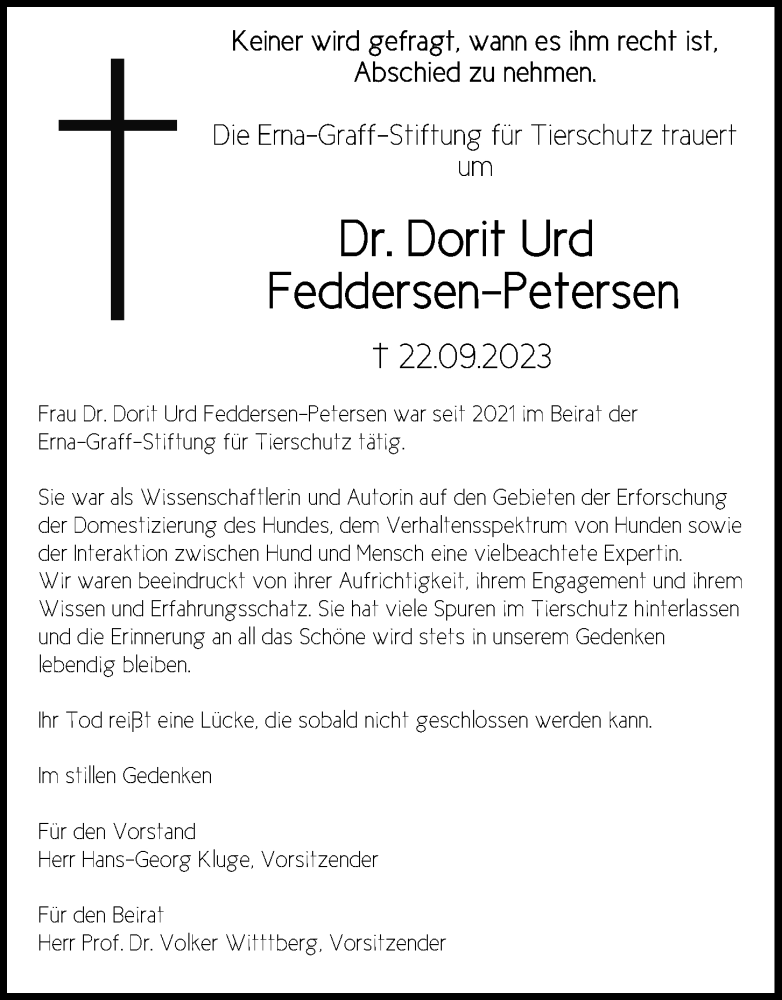  Traueranzeige für Dorit Urd Feddersen-Petersen vom 14.10.2023 aus Kieler Nachrichten