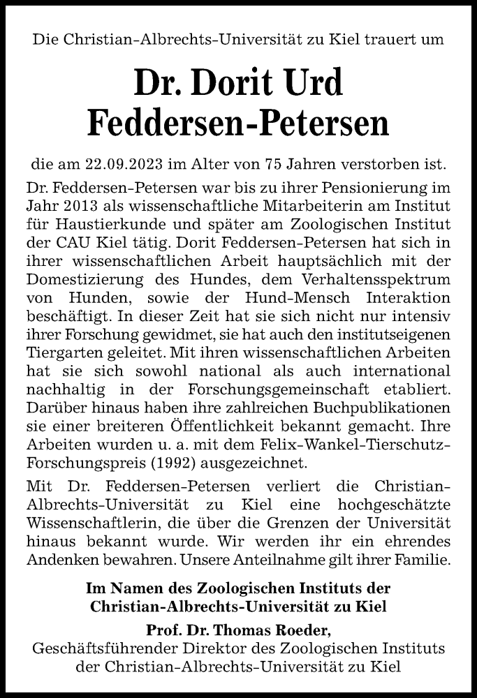  Traueranzeige für Dorit Urd Feddersen-Petersen vom 07.10.2023 aus Kieler Nachrichten