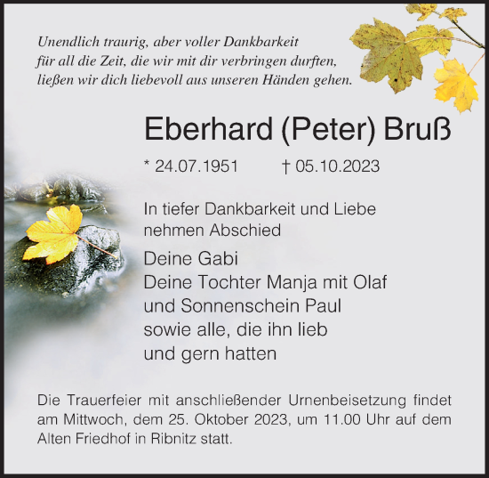 Traueranzeige von Eberhard Bruß von Ostsee-Zeitung GmbH