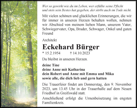 Traueranzeige von Eckehard Bürger von Ostsee-Zeitung GmbH