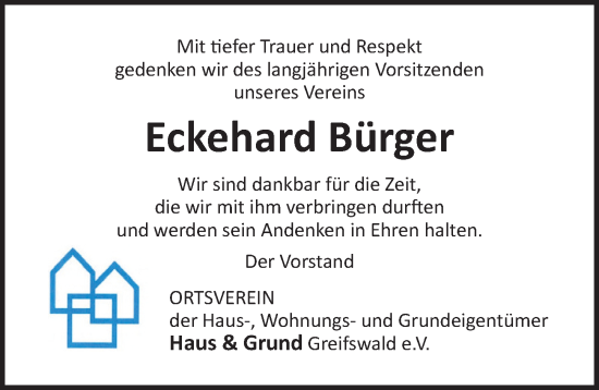 Traueranzeige von Eckehard Bürger von Ostsee-Zeitung GmbH