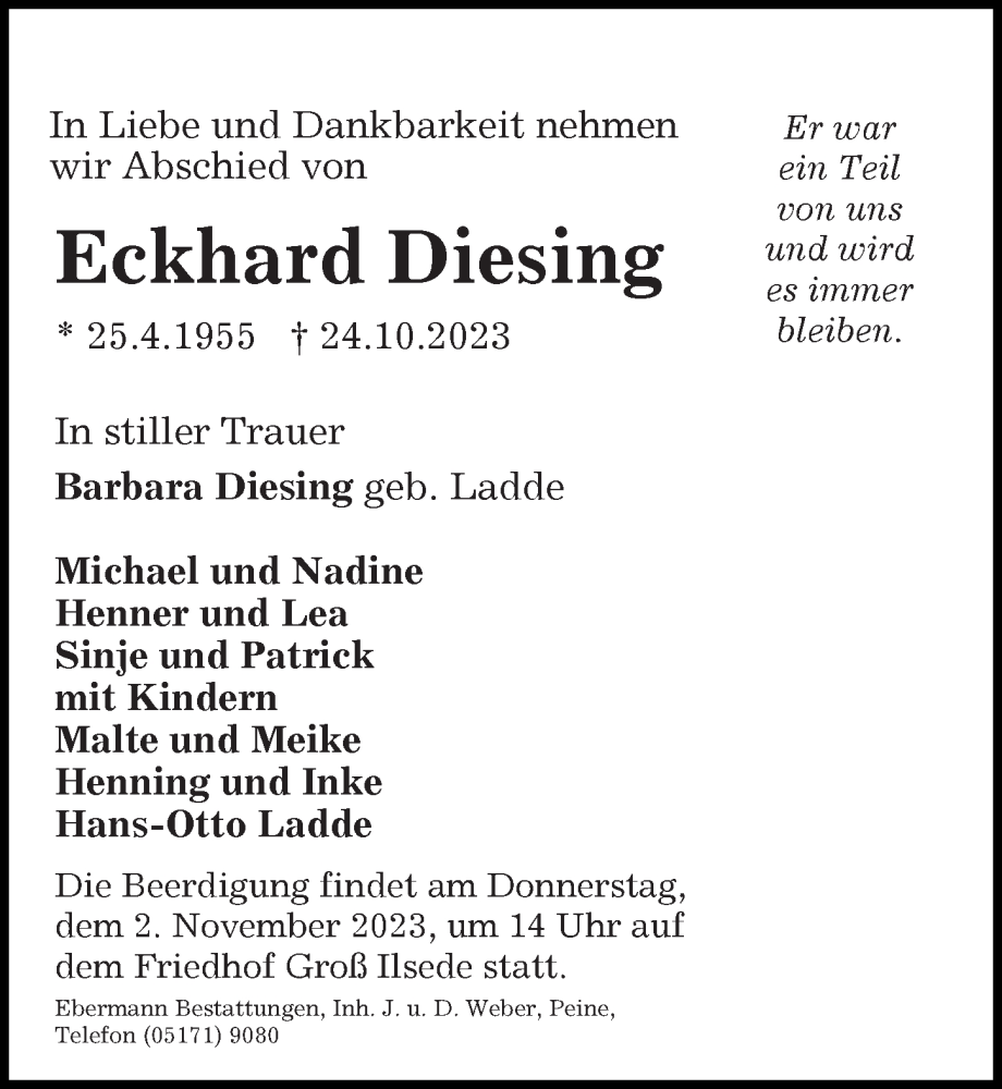  Traueranzeige für Eckhard Diesing vom 28.10.2023 aus Peiner Allgemeine Zeitung