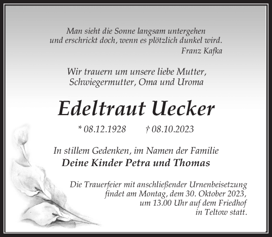 Traueranzeige von Edeltraut Uecker von Märkischen Allgemeine Zeitung