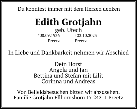 Traueranzeige von Edith Grotjahn von Kieler Nachrichten