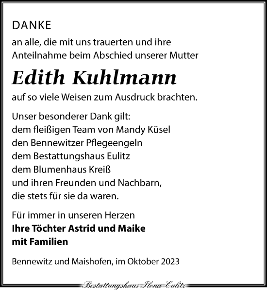 Traueranzeige von Edith Kuhlmann von Torgauer Zeitung