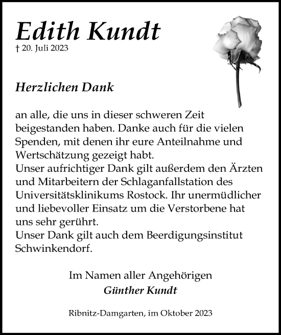 Traueranzeige von Edith Kundt von Ostsee-Zeitung GmbH