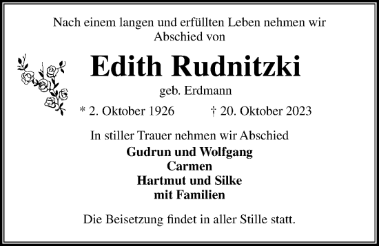 Traueranzeige von Edith Rudnitzki von Lübecker Nachrichten