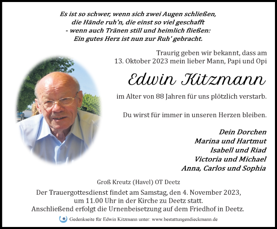 Traueranzeige von Edwin Kitzmann von Märkischen Allgemeine Zeitung