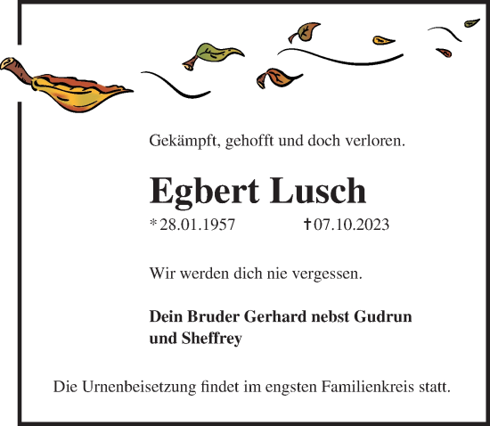 Traueranzeige von Egbert Lusch von Ostsee-Zeitung GmbH