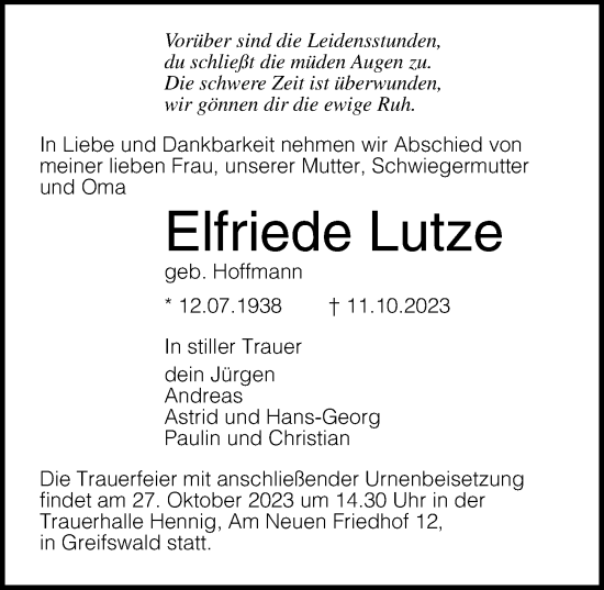 Traueranzeige von Elfriede Lutze von Ostsee-Zeitung GmbH