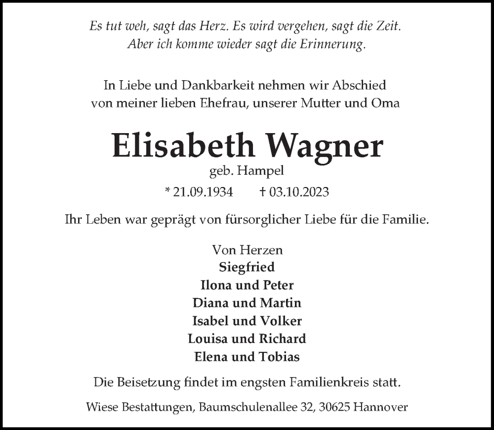 Traueranzeigen von Elisabeth Wagner | trauer-anzeigen.de