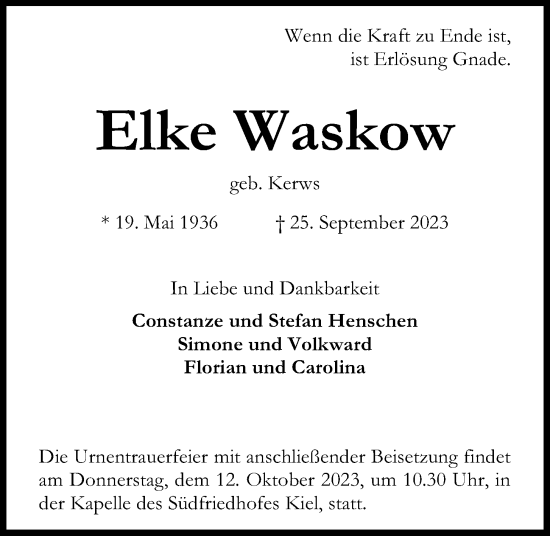 Traueranzeige von Elke Waskow von Kieler Nachrichten