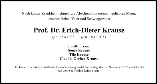 Traueranzeigen von ErichDieter Krause traueranzeigen.de
