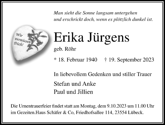 Traueranzeige von Erika Jürgens von Lübecker Nachrichten