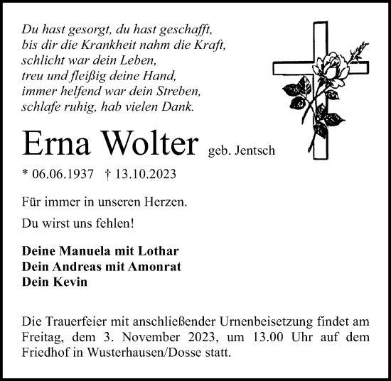 Traueranzeige von Erna Wolter von Märkischen Allgemeine Zeitung