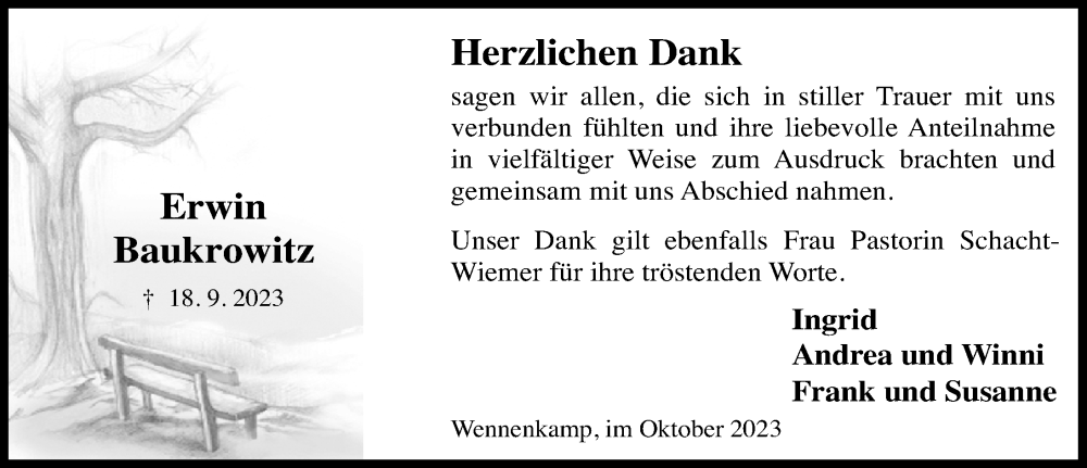  Traueranzeige für Erwin Baukrowitz vom 21.10.2023 aus Schaumburger Nachrichten und Schaumburger Zeitung/ Landes-Zeitung