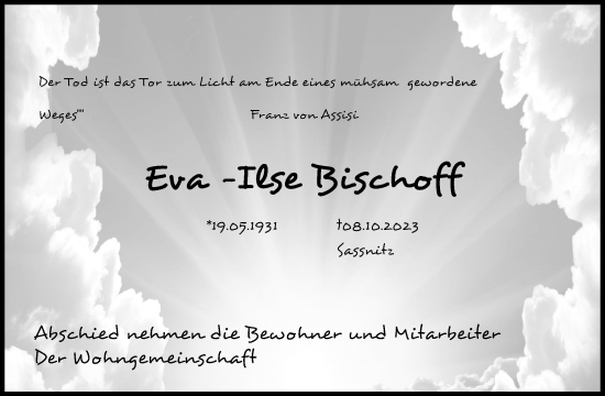 Traueranzeige von Eva-Ilse Bischoff von Ostsee-Zeitung GmbH
