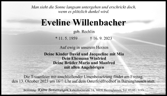 Traueranzeige von Eveline Willenbacher von Hannoversche Allgemeine Zeitung/Neue Presse