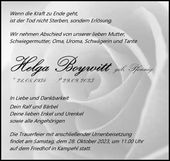 Traueranzeige von Helga Boywitt