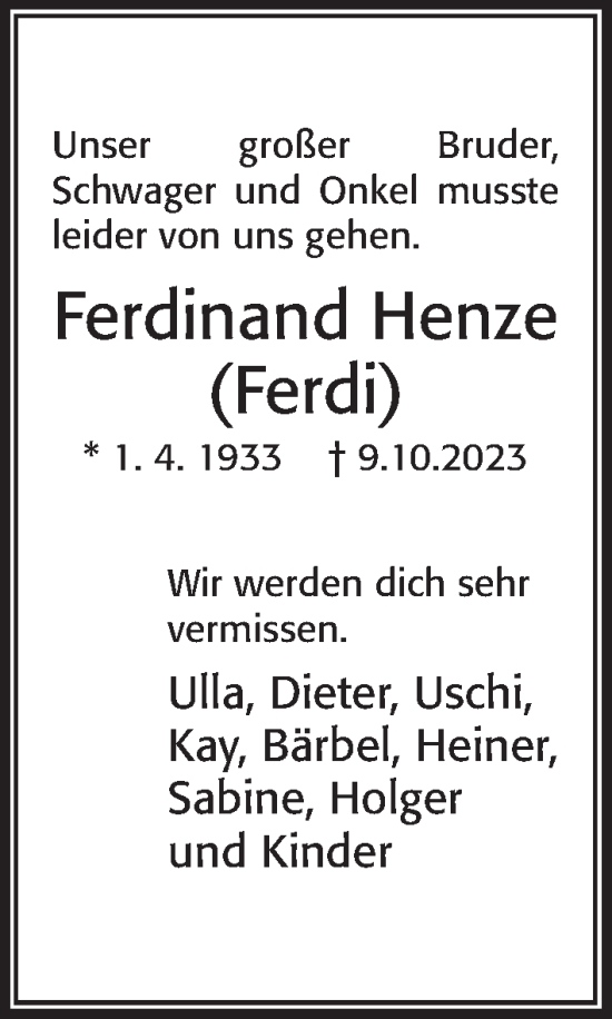 Traueranzeige von Ferdinand Henze von Kieler Nachrichten