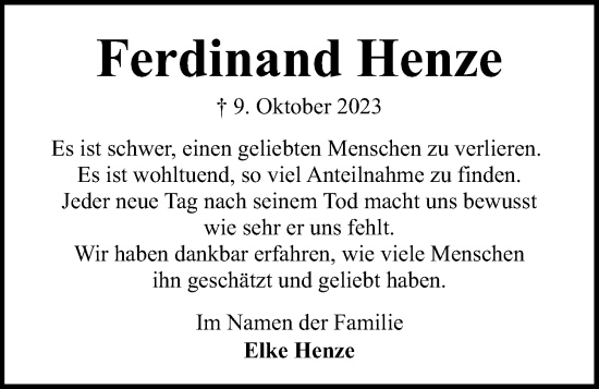 Traueranzeige von Ferdinand Henze von Kieler Nachrichten