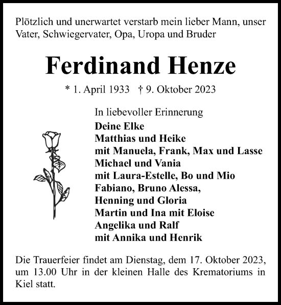 Traueranzeige von Ferdinand Henze von Kieler Nachrichten