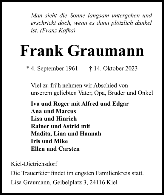 Traueranzeige von Frank Graumann von Kieler Nachrichten