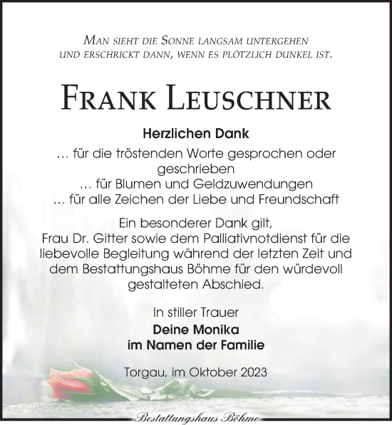 Traueranzeige von Frank Leuschner von Torgauer Zeitung