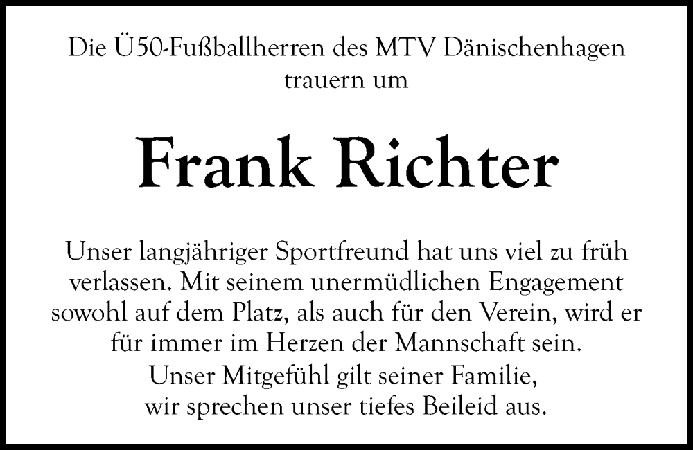  Traueranzeige für Frank Richter vom 21.10.2023 aus Kieler Nachrichten