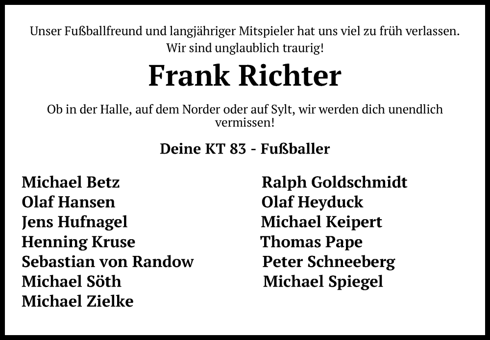  Traueranzeige für Frank Richter vom 21.10.2023 aus Kieler Nachrichten