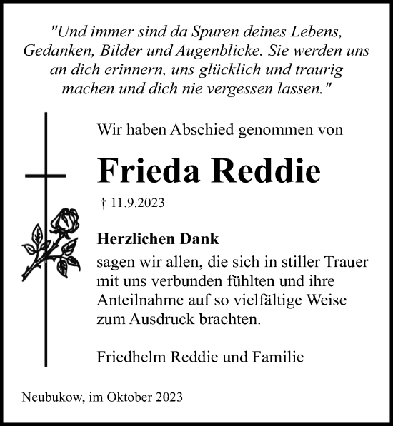 Traueranzeige von Frieda Reddie von Ostsee-Zeitung GmbH