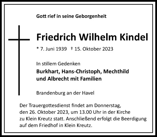 Traueranzeige von Friedrich Wilhelm Kindel von Märkischen Allgemeine Zeitung