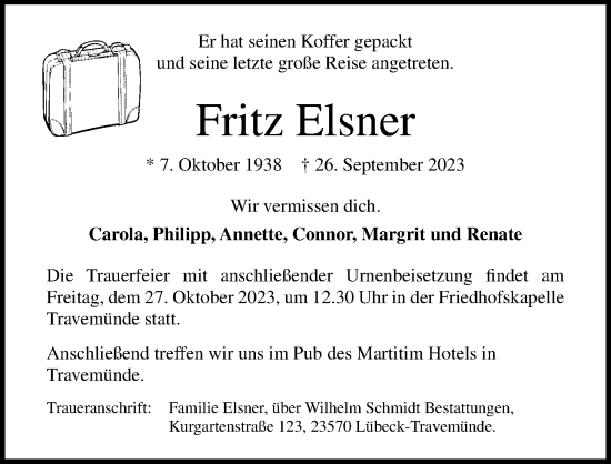 Traueranzeige von Fritz Elsner von Lübecker Nachrichten