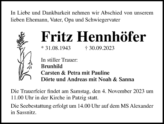 Traueranzeige von Fritz Hennhöfer von Ostsee-Zeitung GmbH