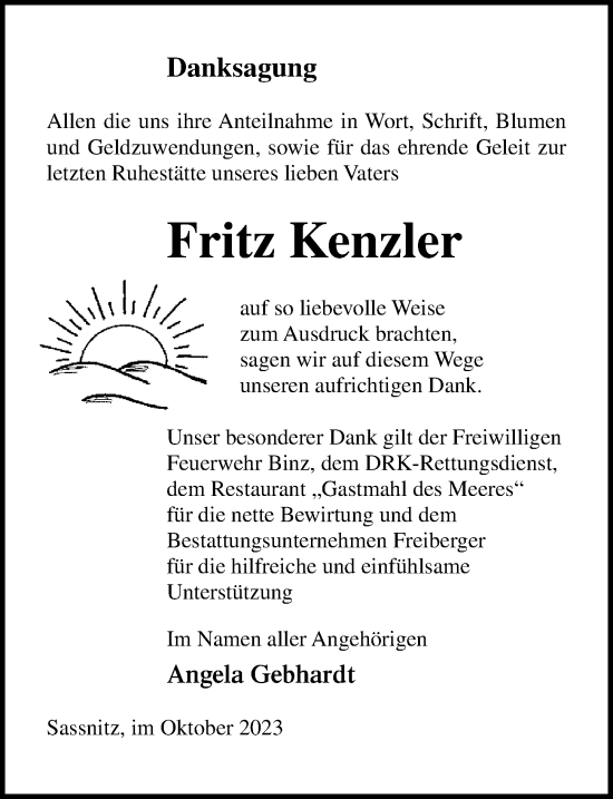 Traueranzeige von Fritz Kenzler von Ostsee-Zeitung GmbH