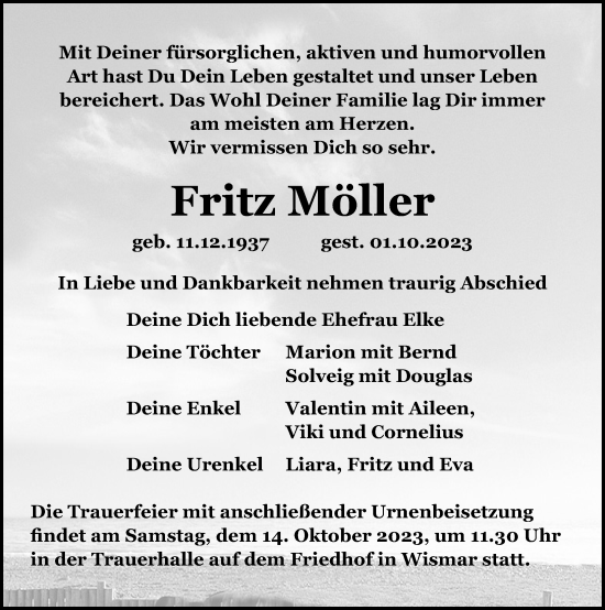 Traueranzeige von Fritz Möller von Ostsee-Zeitung GmbH