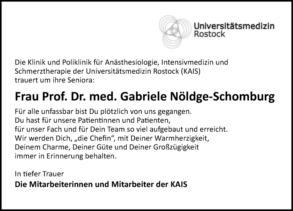  Traueranzeige für Gabriele F. E. Nöldge-Schomburg vom 14.10.2023 aus Ostsee-Zeitung GmbH